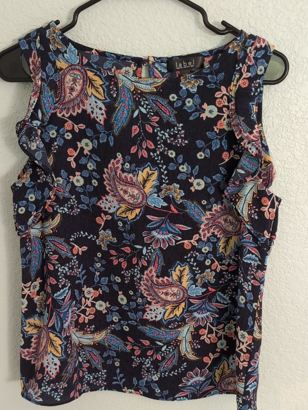 Label Floral Paisley Navy Sleeveless Ruffle Top